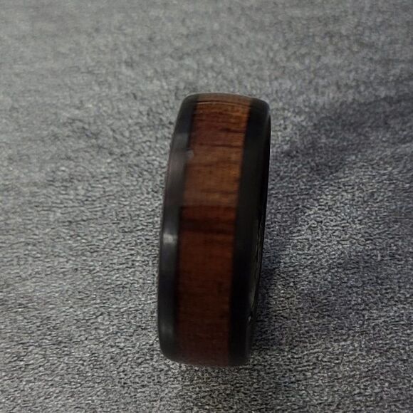 Personalized Engraved Men's Black Tungsten Wedding Ring Koa Wood Inlay - Picture 5 of 7